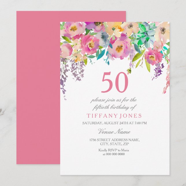 Boho Pastel Watercolor Flowers 50th Birthday Party Invitation (Front/Back)