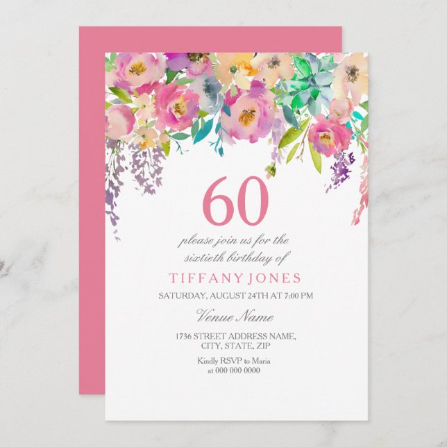 Boho Pastel Watercolor Flowers 60th Birthday Party Invitation (Front/Back)