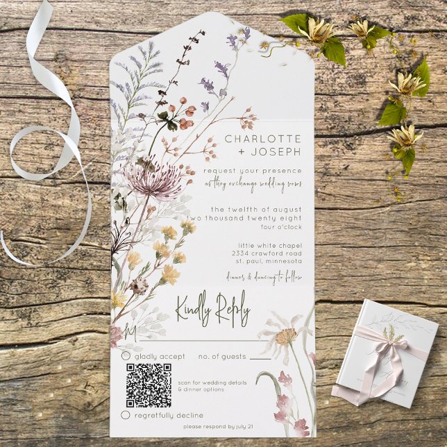 Boho Pastel Wildflowers Modern QR Code All In One Invitation (Creator Uploaded)