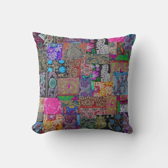 Boho Patchwork, antique sari swatches Cushion (Front)