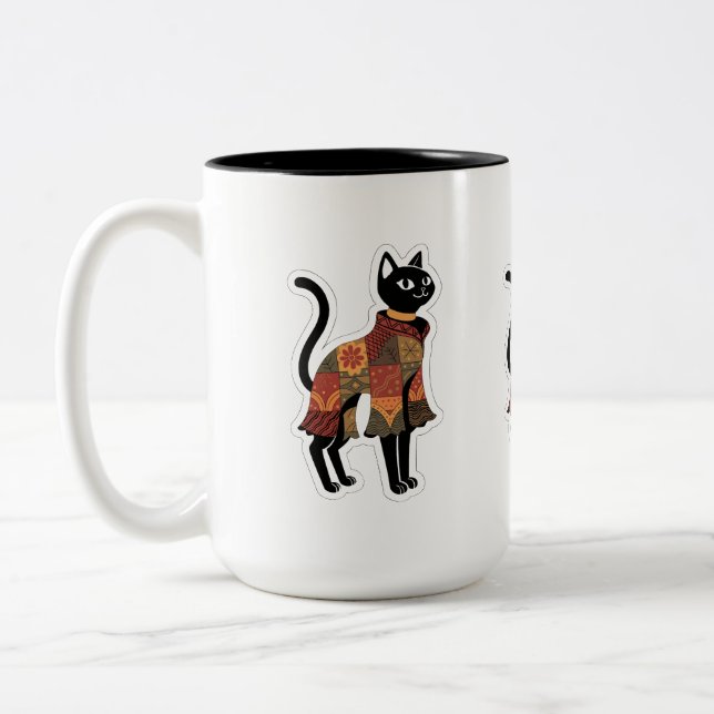 Boho Patchwork Black Cat Coffee Mug (Left)