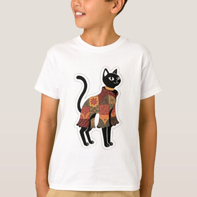 Boho Patchwork Black Cat Graphic Tee (Front)
