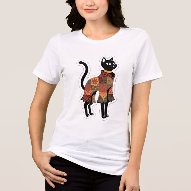 Boho Patchwork Black Cat Graphic Tee (Front)