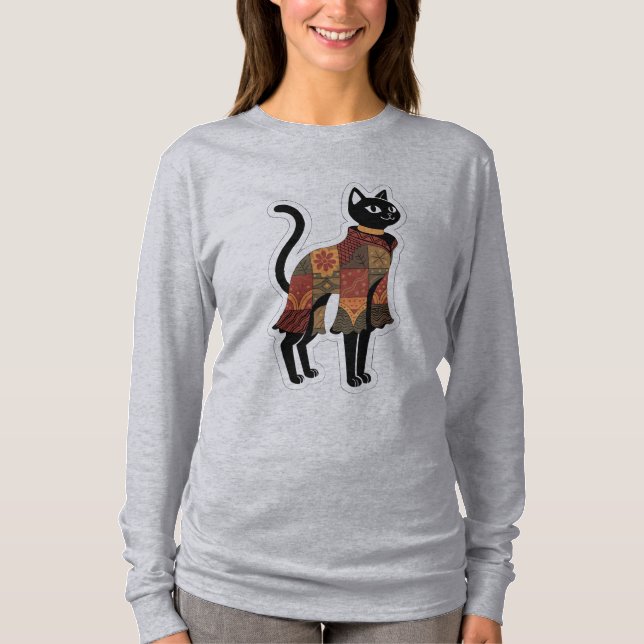 Boho Patchwork Black Cat Graphic Tee (Front)
