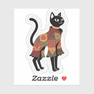 Boho Patchwork Cat Folk Art Sticker