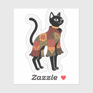 Boho Patchwork Cat Folk Art Sticker