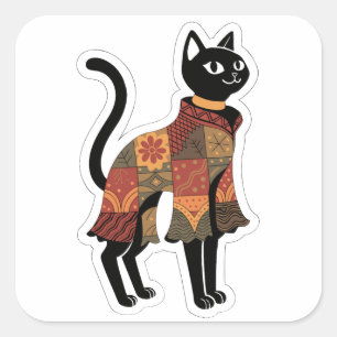 Boho Patchwork Cat Folk Art Sticker
