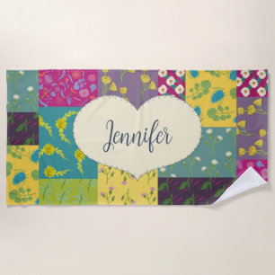 Boho Patchwork Quilt and Heart Shape Personalised Beach Towel