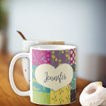 Boho Patchwork Quilt and Heart Shape Personalised Coffee Mug<br><div class="desc">This pretty mug is ready to be personalised with a name in script or cursive writing and features a cream coloured heart shape graphic set against an illustration in the style of a colourful boho patchwork quilt. The heart and name appear on both sides of this mug.</div>