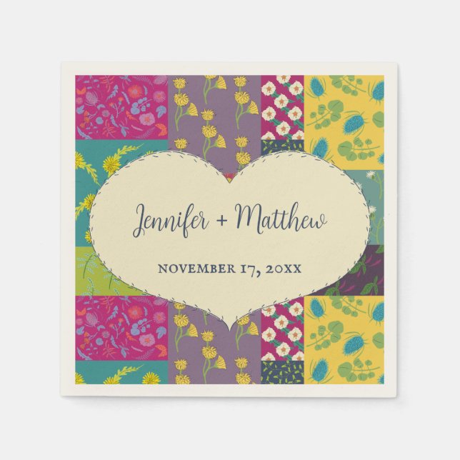 Boho Patchwork Quilt and Heart Shape Wedding Napkin (Front)