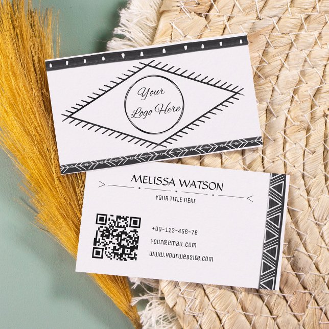 Boho pattern black & white feminine with logo  business card (Creator Uploaded)