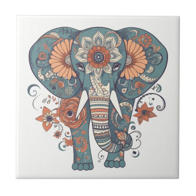 Boho Pattern Floral Elephant  Ceramic Tile (Front)