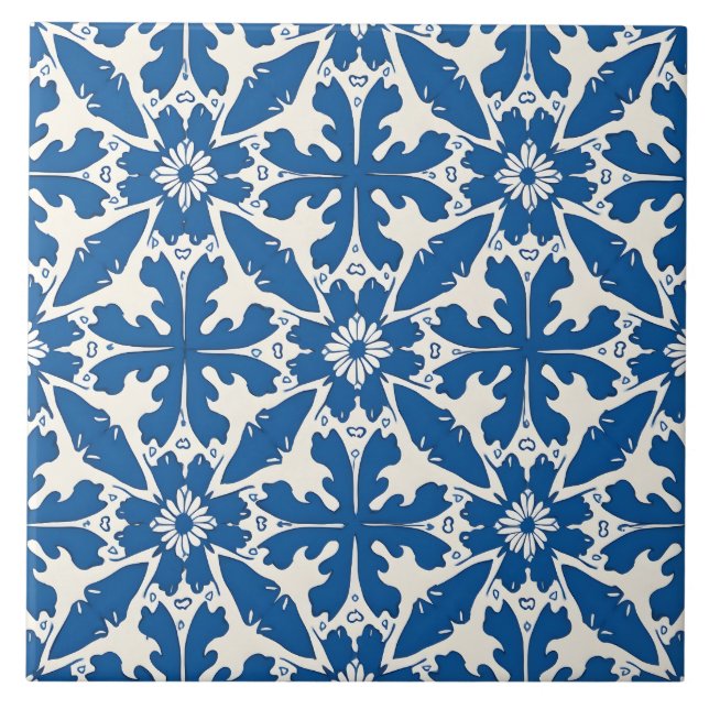 Boho Pattern in Blue – Elegant & Bold Ceramic Tile (Front)