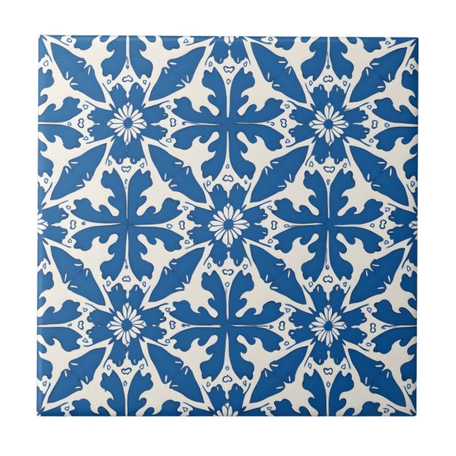 Boho Pattern in Blue – Elegant & Bold Ceramic Tile (Front)