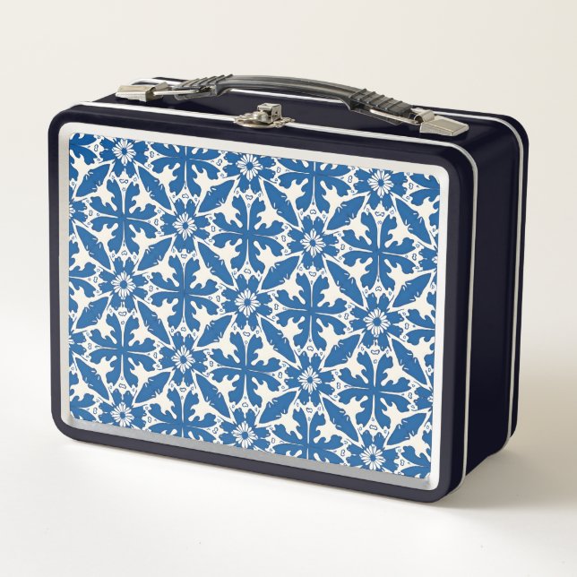 Boho Pattern in Blue – Elegant & Bold Metal Lunch Box (Front)