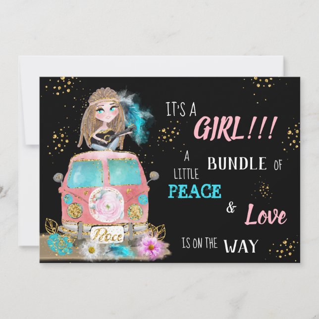 * Boho Peace & Love Hippie Baby GIRL Invitation (Front)