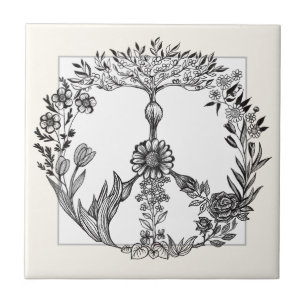 Boho Peace Sign Elegant Girly Cute Pretty Floral Ceramic Tile