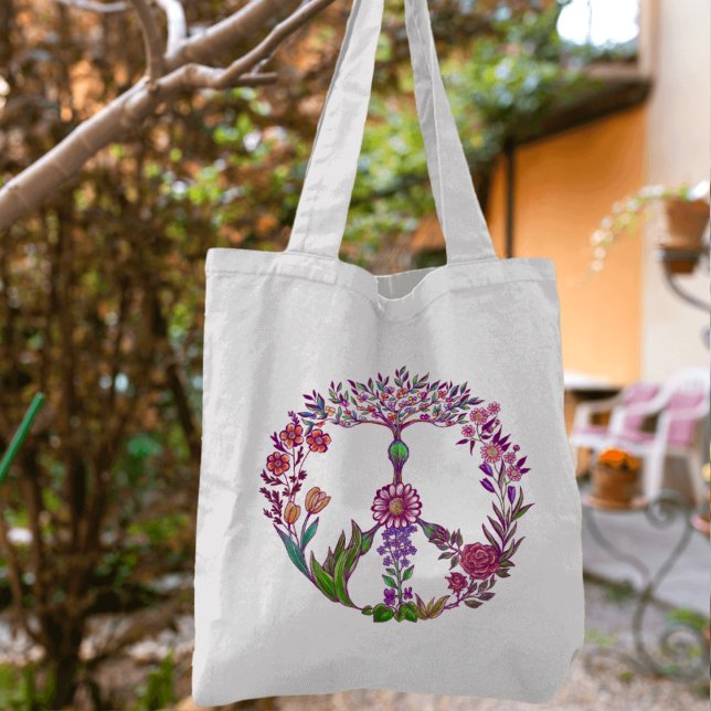 Boho Peace Sign Elegant Girly Cute Pretty Floral Tote Bag (Creator Uploaded)