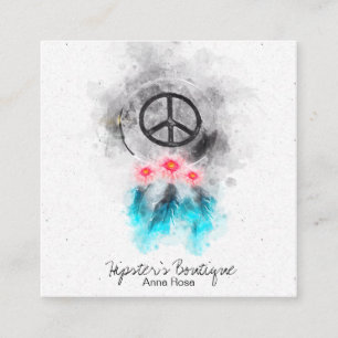 *~* Boho Peace Sign Flowers Feathers Grunge Tribal Square Business Card