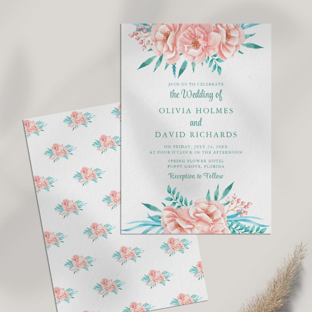 Boho Peach and Turquoise Floral Wedding Invitation (Boho Peach and Turquoise Floral Wedding Invitation on white table.)