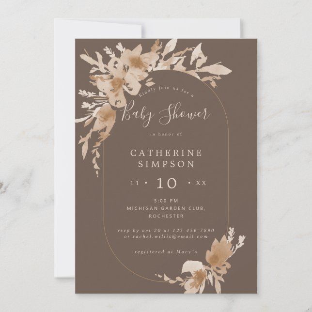 boho peach brown floral oblong baby shower invitation (Front)