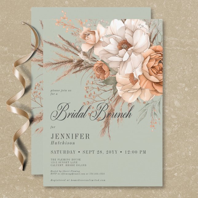 Boho Peach & Cream Floral Green Bridal Brunch Invitation (Boho Peach & Cream Floral Green Bridal Brunch Invitation)