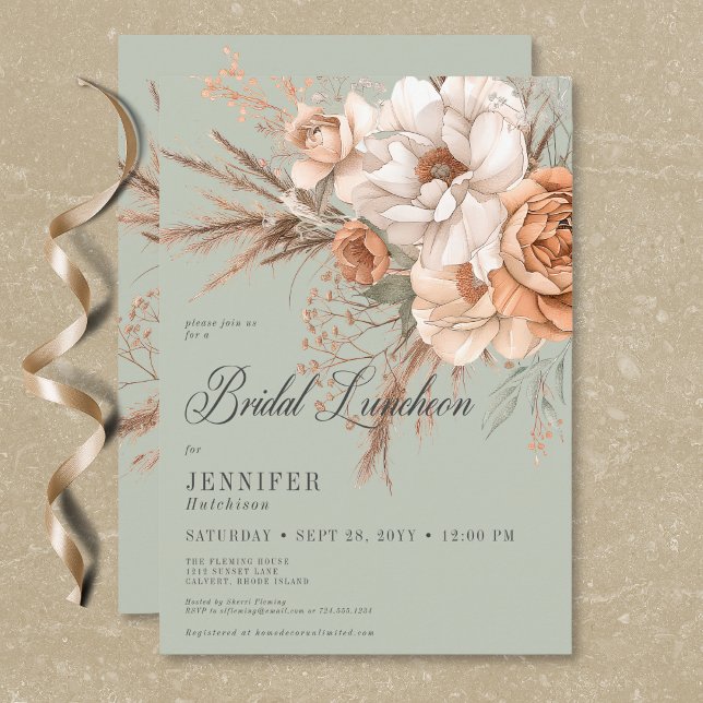 Boho Peach & Cream Floral Green Bridal Luncheon Invitation (Boho Peach & Cream Floral Green Bridal Luncheon Invitation)
