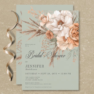 Boho Peach & Cream Floral Green Bridal Shower Invitation