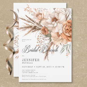 Boho Peach & Cream Floral White Bridal Brunch Invitation