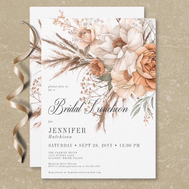 Boho Peach & Cream Floral White Bridal Luncheon Invitation (Boho Peach & Cream Floral White Bridal Luncheon Invitation)