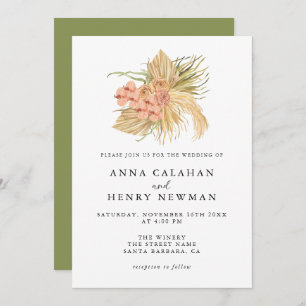 Boho Peach Dried Floral Palm Leaves Wedding Invitation
