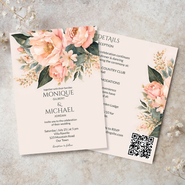 Boho peach earthy floral all in one wedding invitation (Boho peach earthy floral all in one wedding invitation template digital download spring summer)
