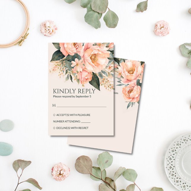 Boho peach earthy floral summer spring wedding RSVP card (Boho peach peonies earthy floral summer spring wedding RSVP card qr rsvp cards)