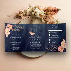 Boho Peach Floral All In One Navy Blue Wedding Tri-Fold Invitation