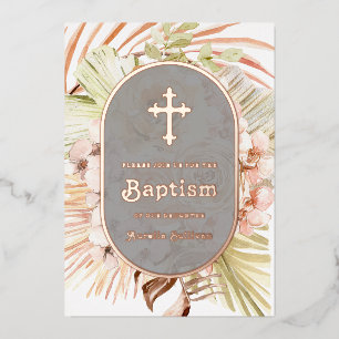 Boho Peach Floral Bouquet Baptism Foil Invitation