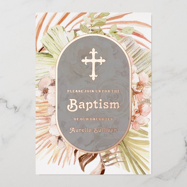 Boho Peach Floral Bouquet Baptism Foil Invitation (Front)