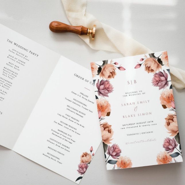 Boho Peach Floral Garden Wedding Folded Program (Creator Uploaded)
