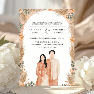 Boho Peach Floral Indian Couple Wedding Invitation