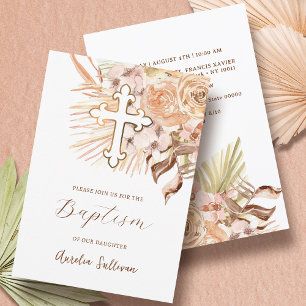 Boho Peach Flowers Baptism Invitation