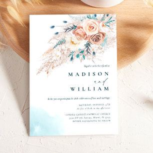 Boho Peach Flowers Turquoise Watercolor Wedding Invitation