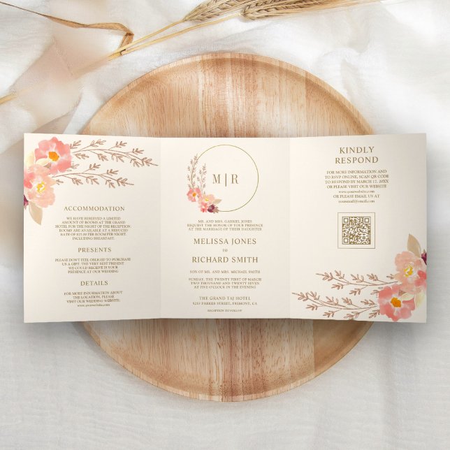Boho Peach Orchid Floral QR Code Ivory Wedding Tri-Fold Invitation (Creator Uploaded)
