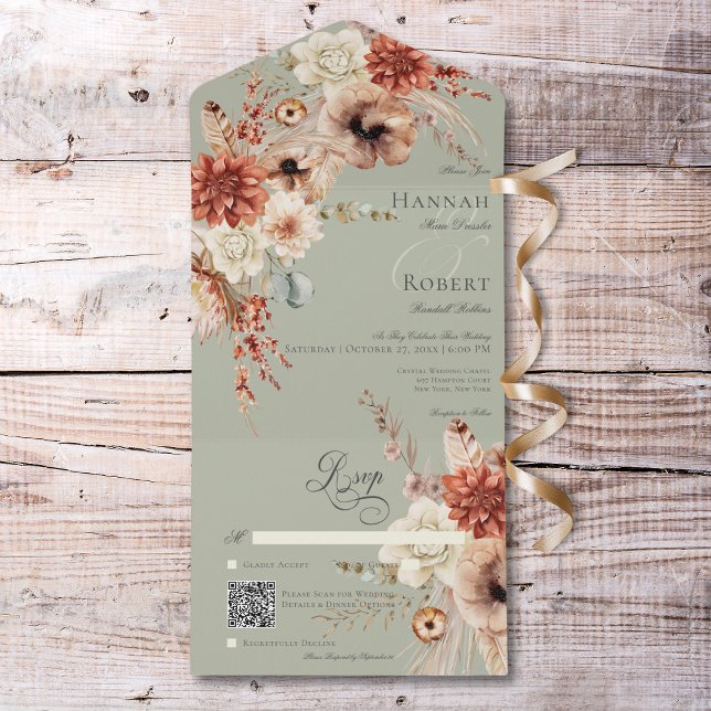 Boho Peach & Rust Floral & Feather Green QR Code All In One Invitation (Boho Peach & Rust Floral & Feather Green QR Code All In One Invitation)