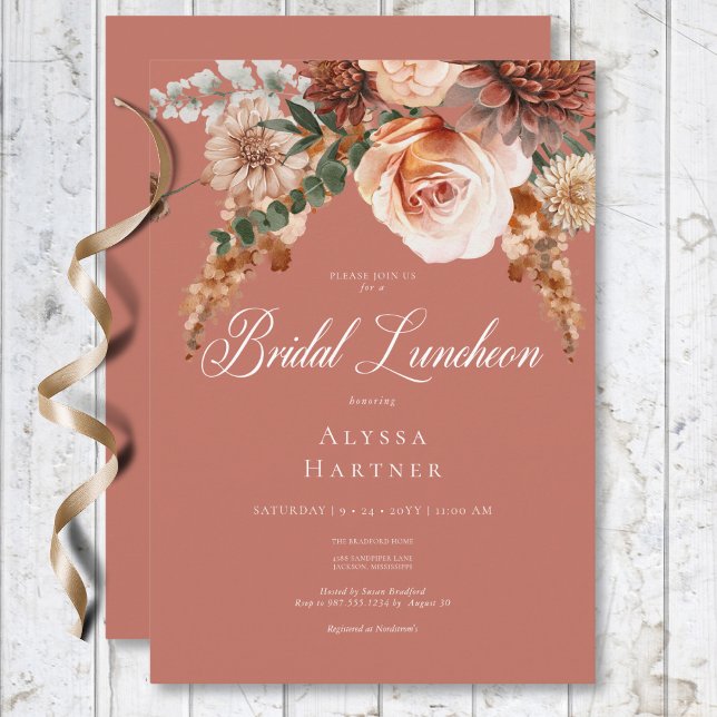Boho Peach & Rust Floral Rust Bridal Luncheon Invitation (Boho Peach & Rust Floral Rust Bridal Luncheon Invitation)