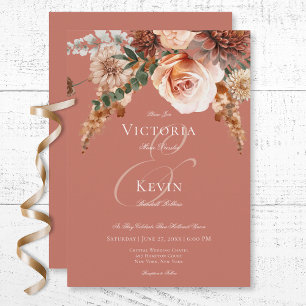 Boho Peach & Rust Floral Rust Wedding Invitation