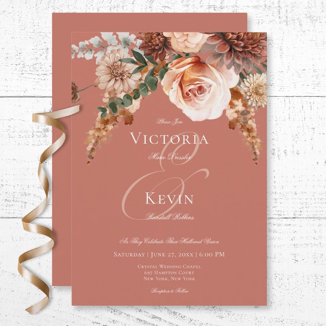 Boho Peach & Rust Floral Rust Wedding Invitation (Boho Peach & Rust Floral Rust Wedding Invitation)