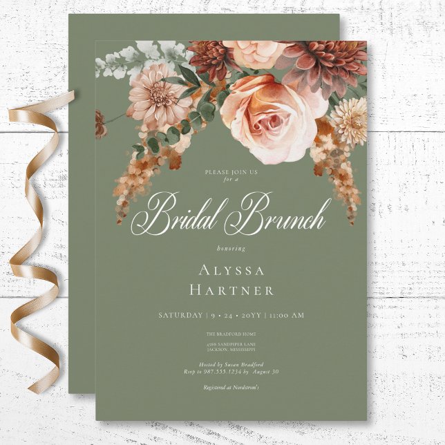 Boho Peach & Rust Floral Sage Green Bridal Brunch Invitation (Boho Peach & Rust Floral Sage Green Bridal Brunch Invitation)