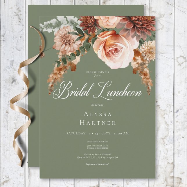 Boho Peach & Rust Floral Sage Green Bridal Lunch Invitation (Boho Peach & Rust Floral Sage Green Bridal Lunch Invitation)