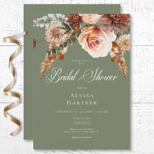 Boho Peach & Rust Floral Sage Green Bridal Shower Invitation