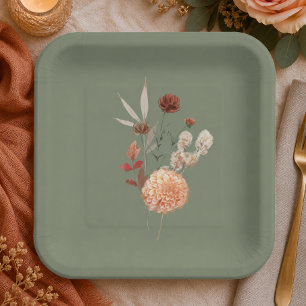 Boho Peach & Rust Floral Sage Green Bridal Shower Paper Plate