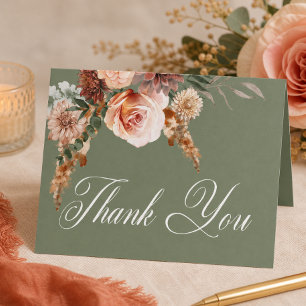 Boho Peach & Rust Floral Sage Green Bridal Shower Thank You Card